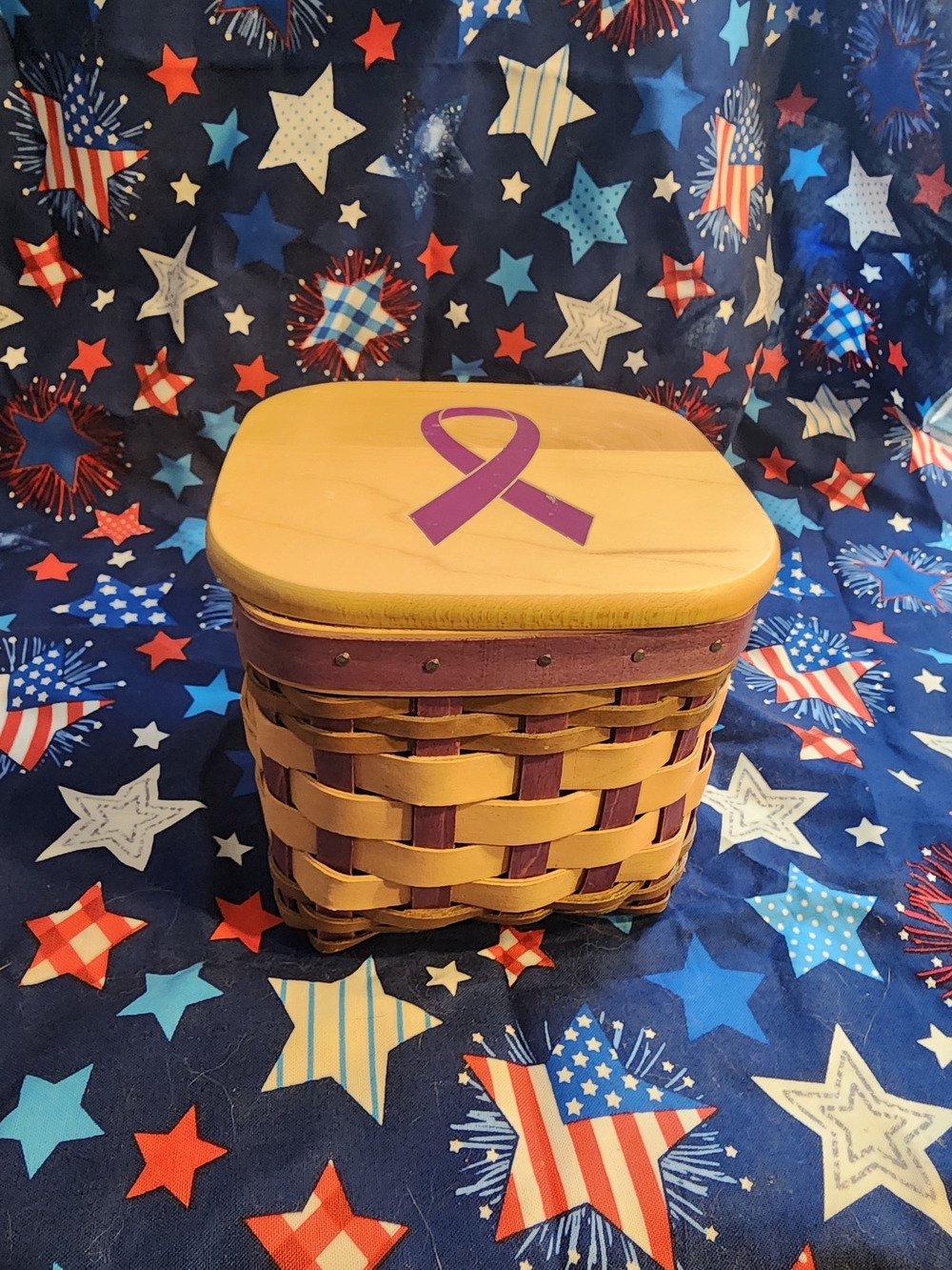 Longaberger Purple Ribbon Accent Woven Basket with Natural Lid